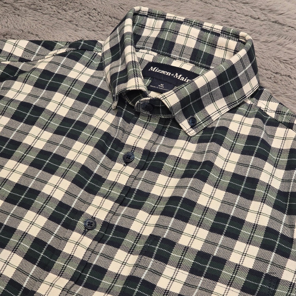 Mizzen+Main Mens Trim Fit Plaid Flannel Shirt Green Navy M Button Down Stretch